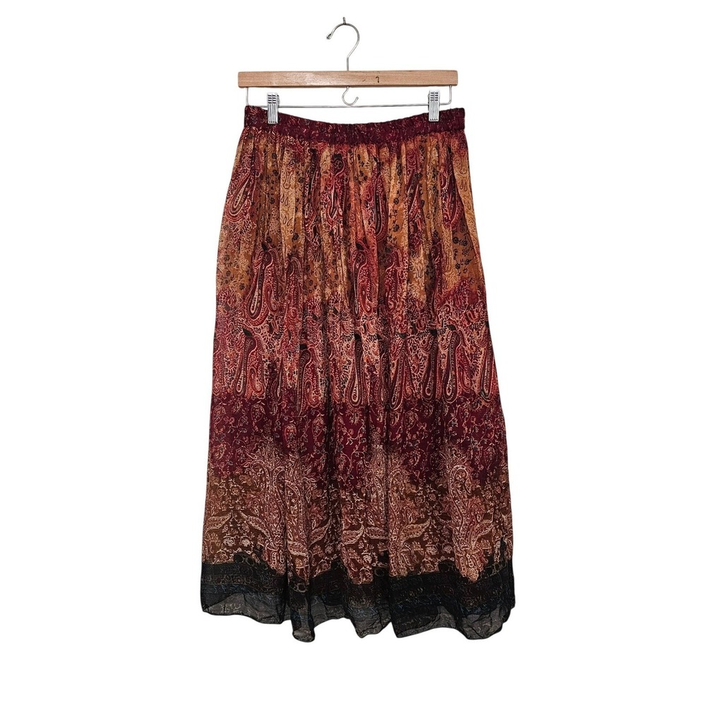 VTG Crinkle Rayon Midi Skirt Medium Red Paisley Boho Flowy Witchy Forest Fairy